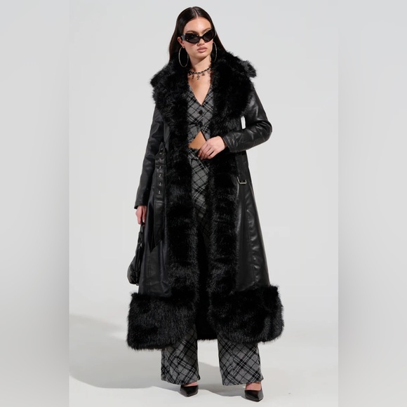 LONG PU TRENCH WITH FAUX FUR TRIM - Picture 3 of 8